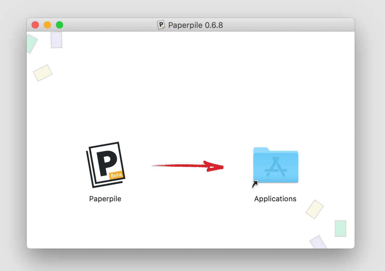The macOS installer window for Paperpile 0.6.8 with a red arrow showing the Paperpile app icon, which carries a Beta badge, being dragged onto the Applications folder.